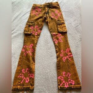 Women’s Flare Cargo Jeans with Pink Graphic Print